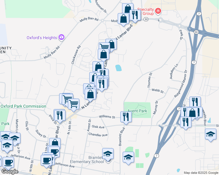 map of restaurants, bars, coffee shops, grocery stores, and more near 1201 Ivy Road in Oxford