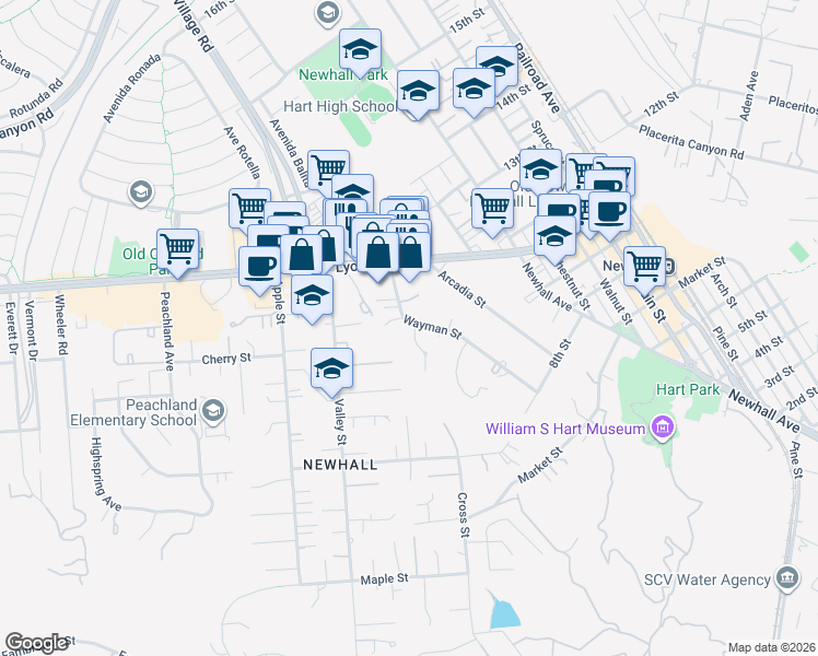 map of restaurants, bars, coffee shops, grocery stores, and more near 24622 Wayman Street in Santa Clarita