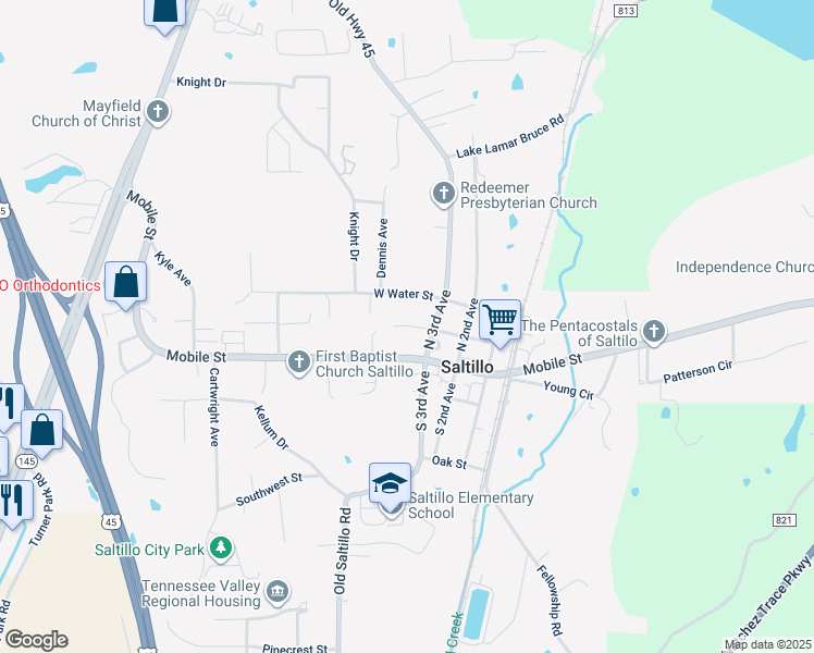 map of restaurants, bars, coffee shops, grocery stores, and more near West Water Street in Saltillo