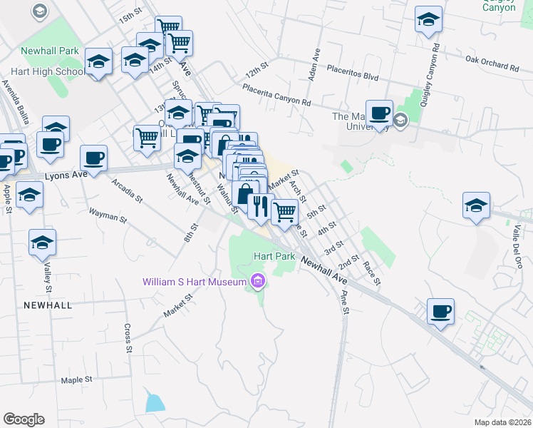 map of restaurants, bars, coffee shops, grocery stores, and more near 24242 Main Street in Santa Clarita