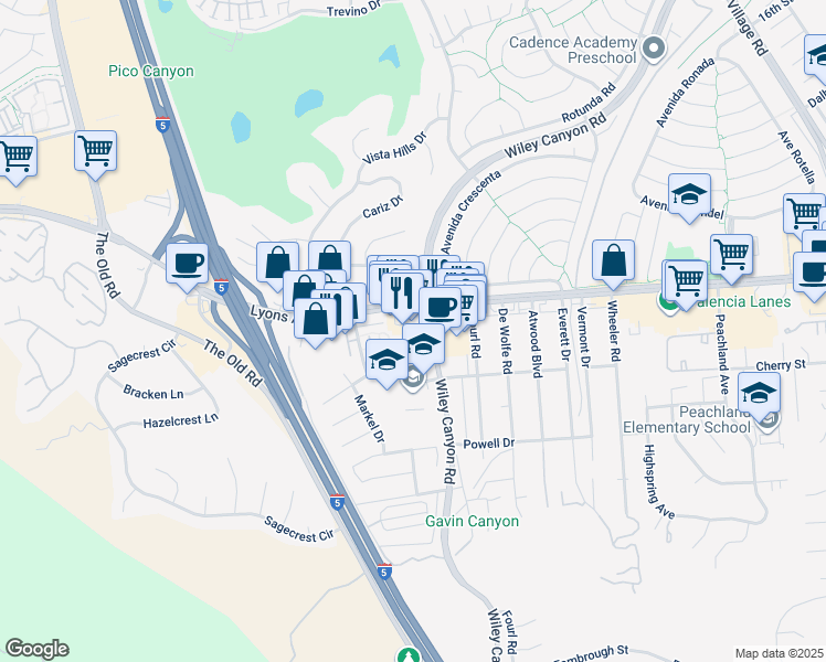 map of restaurants, bars, coffee shops, grocery stores, and more near 25289 Wiley Canyon Road in Santa Clarita