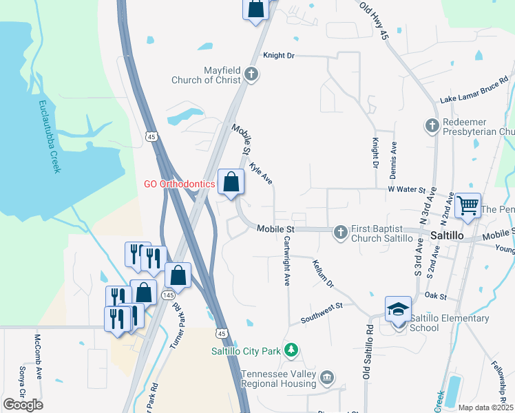 map of restaurants, bars, coffee shops, grocery stores, and more near 119 Dixon Drive in Saltillo