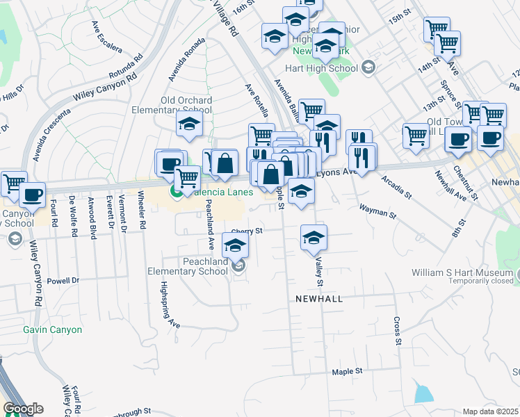 map of restaurants, bars, coffee shops, grocery stores, and more near 24839 Apple Street in Santa Clarita