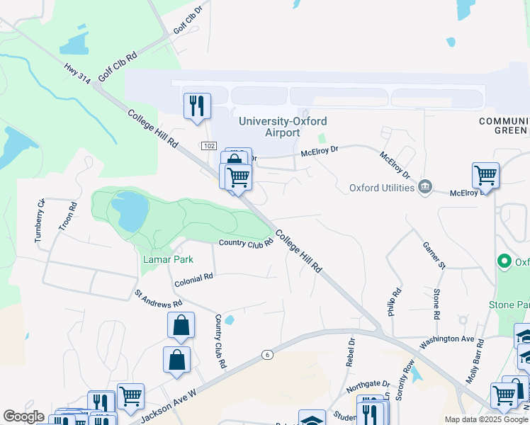 map of restaurants, bars, coffee shops, grocery stores, and more near 701 College Hill Road in Oxford