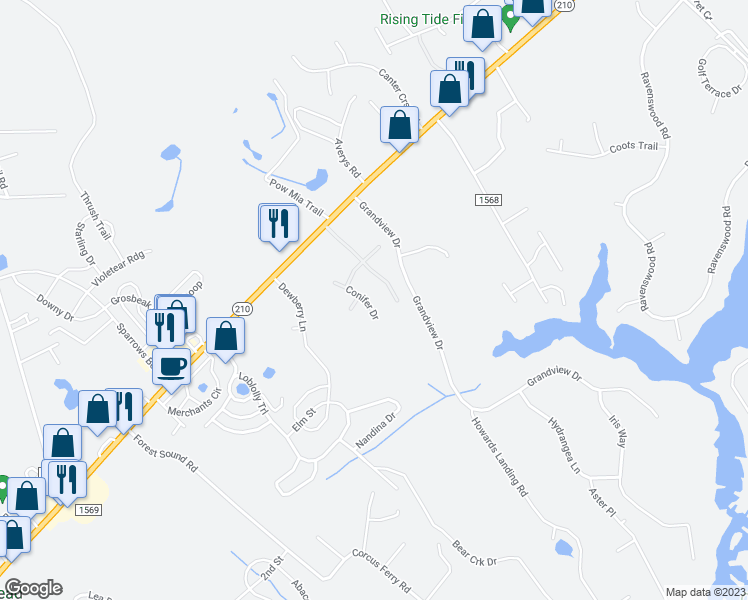 map of restaurants, bars, coffee shops, grocery stores, and more near 209 Conifer Drive in Hampstead