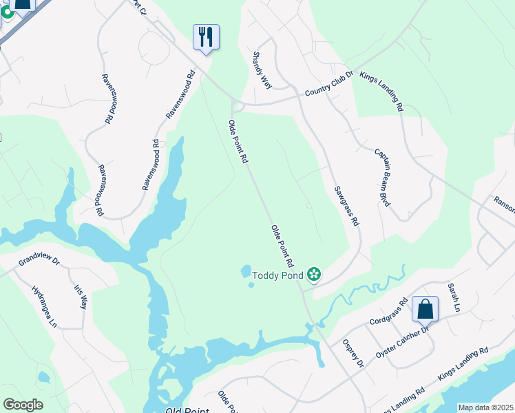 map of restaurants, bars, coffee shops, grocery stores, and more near 134 Olde Point Road in Hampstead