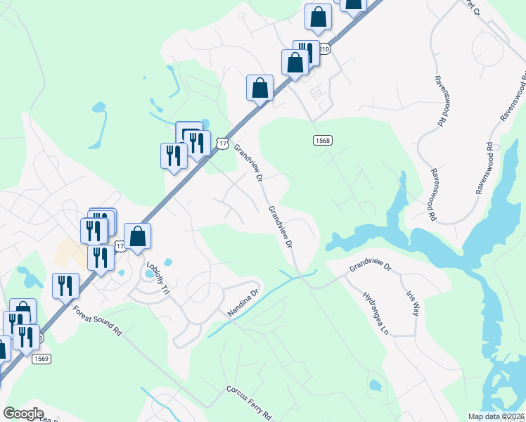 map of restaurants, bars, coffee shops, grocery stores, and more near 213 Heartwood Drive in Hampstead