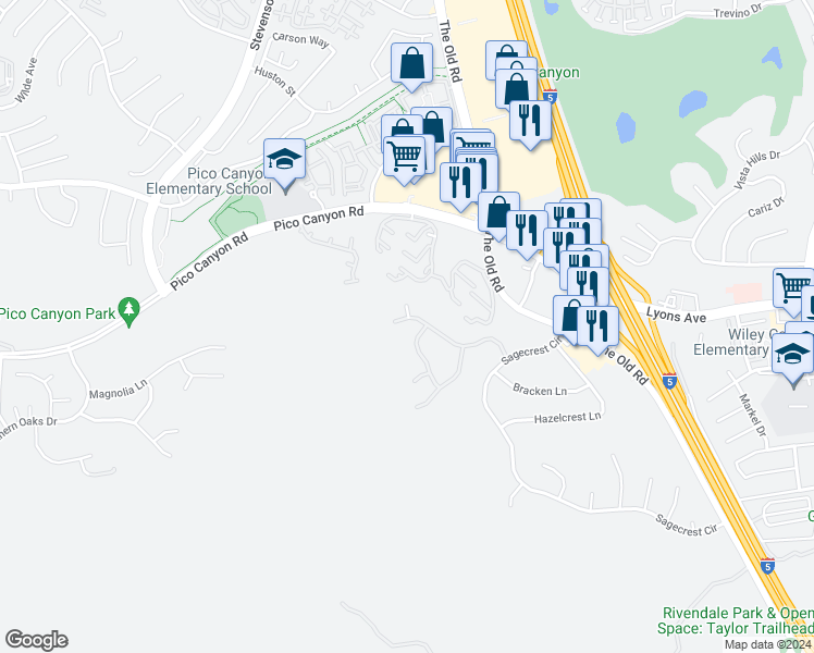 map of restaurants, bars, coffee shops, grocery stores, and more near 25130 Smokewood Way in Stevenson Ranch