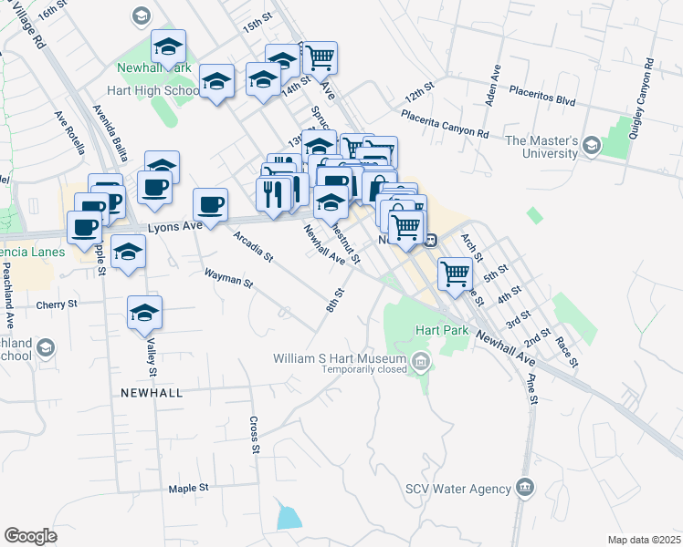 map of restaurants, bars, coffee shops, grocery stores, and more near 24377 Newhall Avenue in Santa Clarita