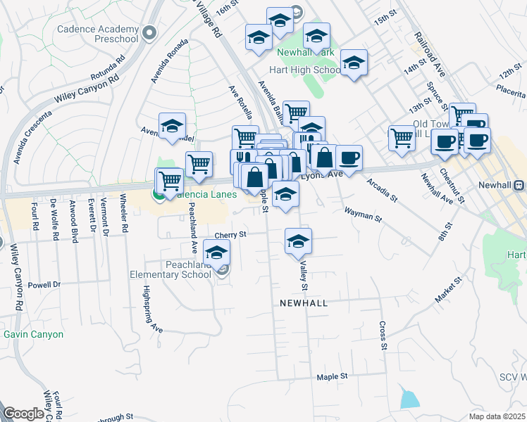 map of restaurants, bars, coffee shops, grocery stores, and more near 24844 Apple Street in Santa Clarita