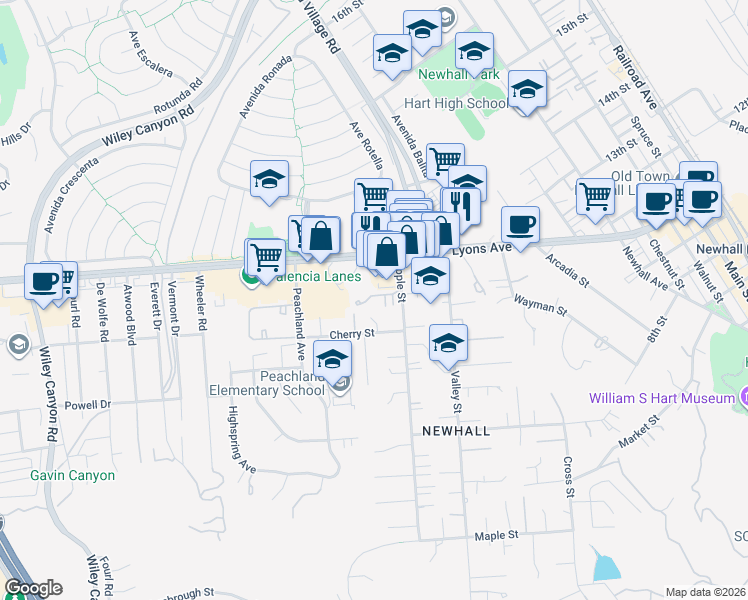 map of restaurants, bars, coffee shops, grocery stores, and more near 24843 Apple Street in Santa Clarita