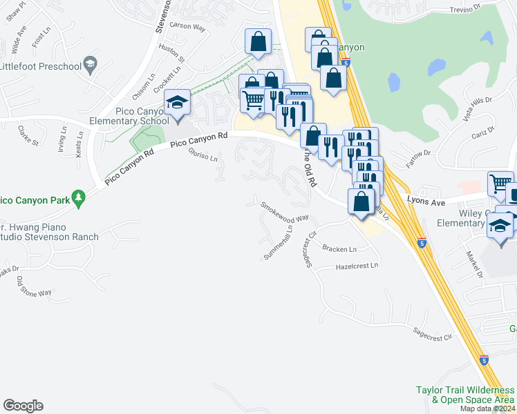 map of restaurants, bars, coffee shops, grocery stores, and more near 25120 Smokewood Way in Stevenson Ranch