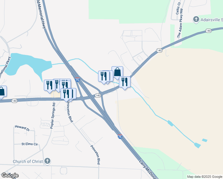 map of restaurants, bars, coffee shops, grocery stores, and more near Highway 140 Northwest in Adairsville