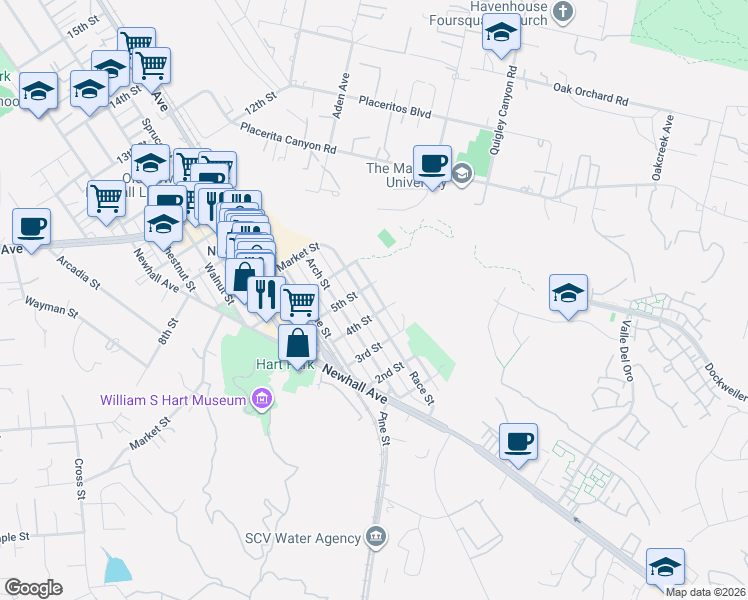 map of restaurants, bars, coffee shops, grocery stores, and more near 22206 5th Street in Santa Clarita
