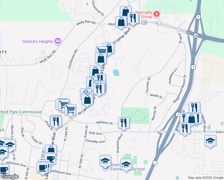 map of restaurants, bars, coffee shops, grocery stores, and more near 1204 Rogers Road in Oxford