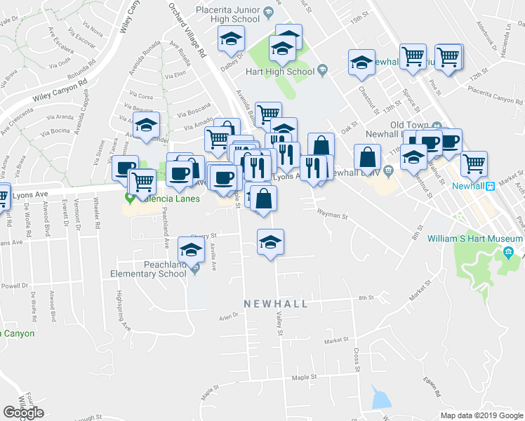 map of restaurants, bars, coffee shops, grocery stores, and more near 24743 Valley Street in Santa Clarita