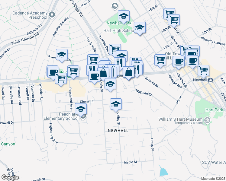 map of restaurants, bars, coffee shops, grocery stores, and more near 24743 Valley Street in Santa Clarita