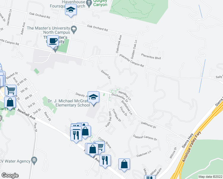 map of restaurants, bars, coffee shops, grocery stores, and more near 24429 Valle Del Oro in Santa Clarita
