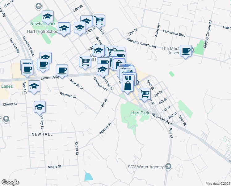 map of restaurants, bars, coffee shops, grocery stores, and more near 24332 Chestnut Street in Santa Clarita