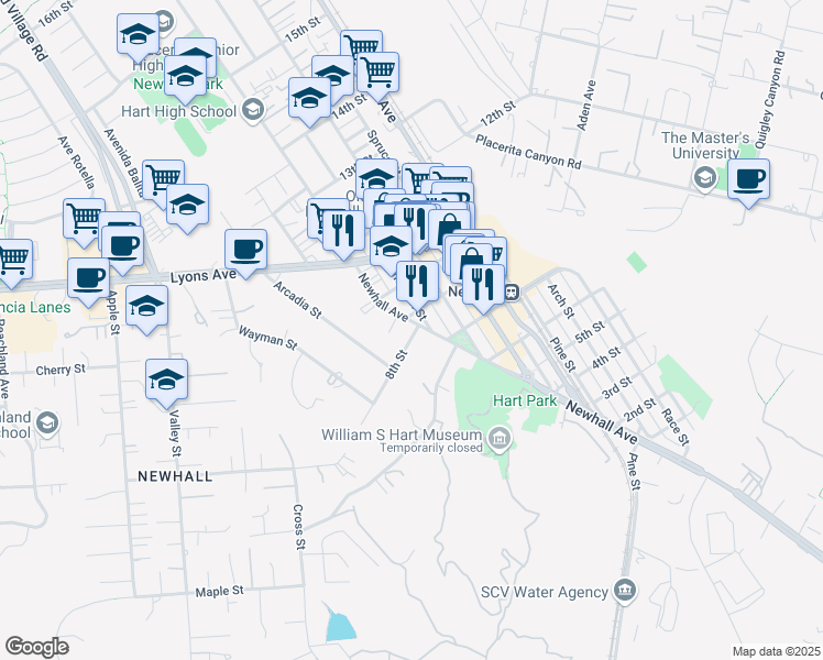map of restaurants, bars, coffee shops, grocery stores, and more near 24377 Newhall Avenue in Santa Clarita