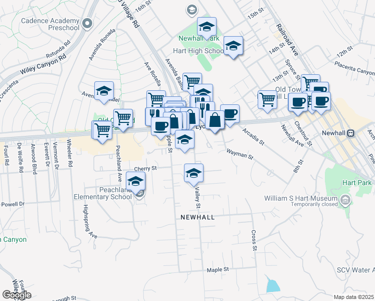 map of restaurants, bars, coffee shops, grocery stores, and more near 24747 Valley Street in Santa Clarita