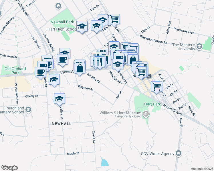 map of restaurants, bars, coffee shops, grocery stores, and more near 24364 Arcadia Street in Santa Clarita