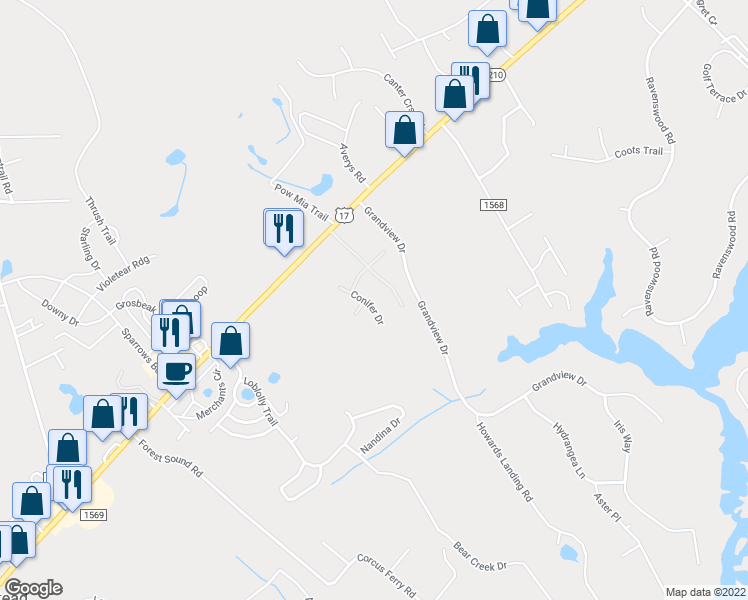 map of restaurants, bars, coffee shops, grocery stores, and more near 207 Conifer Drive in Hampstead