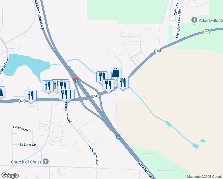 map of restaurants, bars, coffee shops, grocery stores, and more near 1703 Highway 140 Northwest in Adairsville