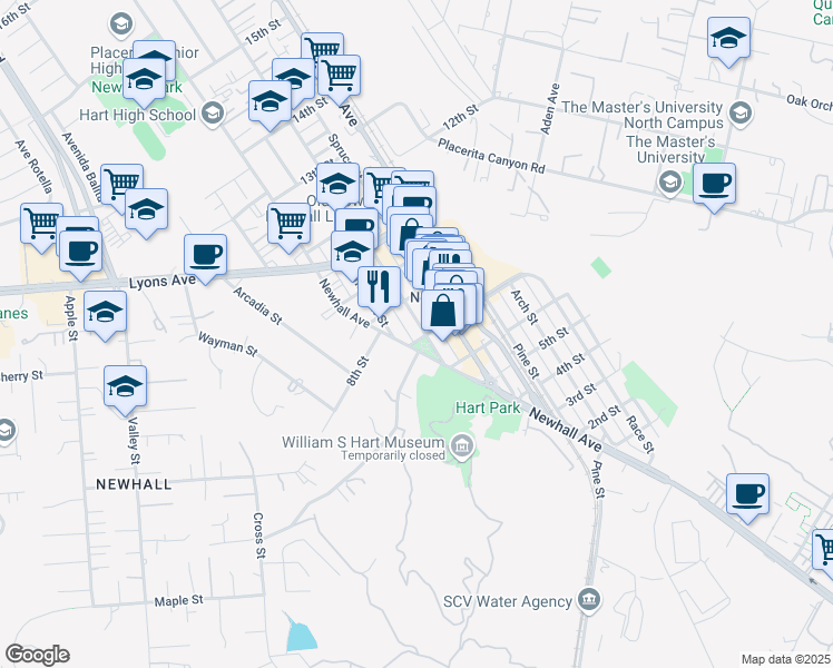 map of restaurants, bars, coffee shops, grocery stores, and more near 24308 Walnut Street in Santa Clarita