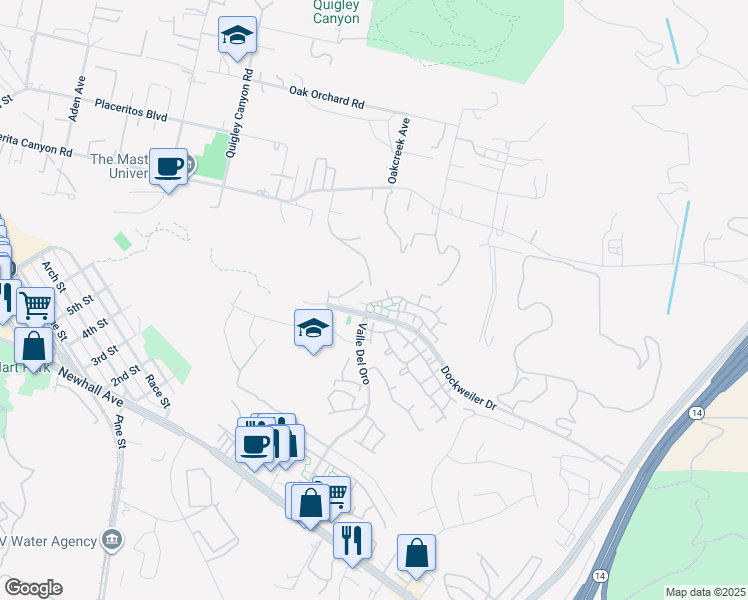 map of restaurants, bars, coffee shops, grocery stores, and more near 24401 Valle Del Oro in Santa Clarita