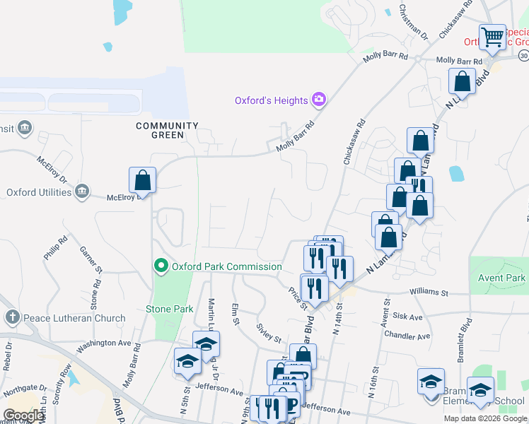 map of restaurants, bars, coffee shops, grocery stores, and more near 100-192 Cullen Rd in Oxford