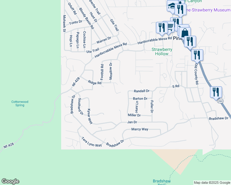 map of restaurants, bars, coffee shops, grocery stores, and more near 3354 Oak Springs Drive in Pine