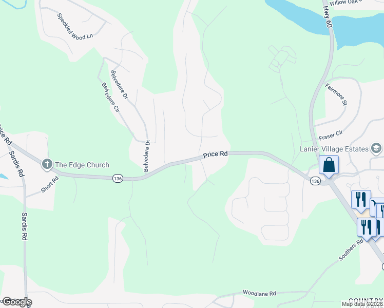 map of restaurants, bars, coffee shops, grocery stores, and more near 3908 Price Rd in Gainesville