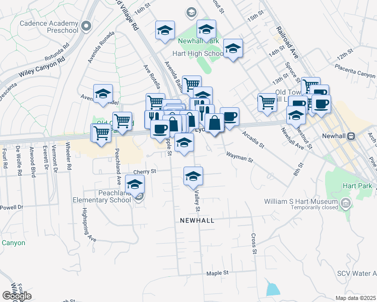 map of restaurants, bars, coffee shops, grocery stores, and more near 24747 Valley Street in Santa Clarita