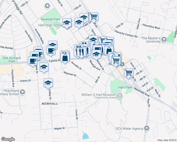 map of restaurants, bars, coffee shops, grocery stores, and more near 24364 Arcadia Street in Santa Clarita