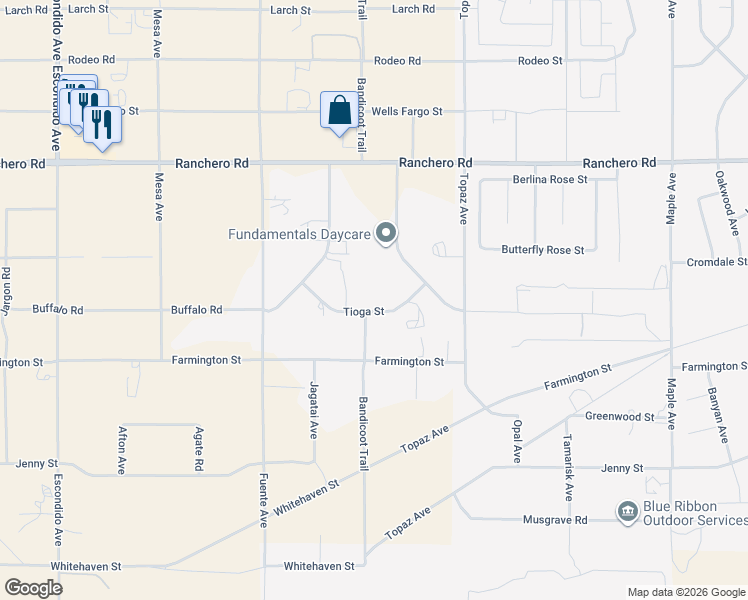 map of restaurants, bars, coffee shops, grocery stores, and more near 14032 Tioga Street in Hesperia