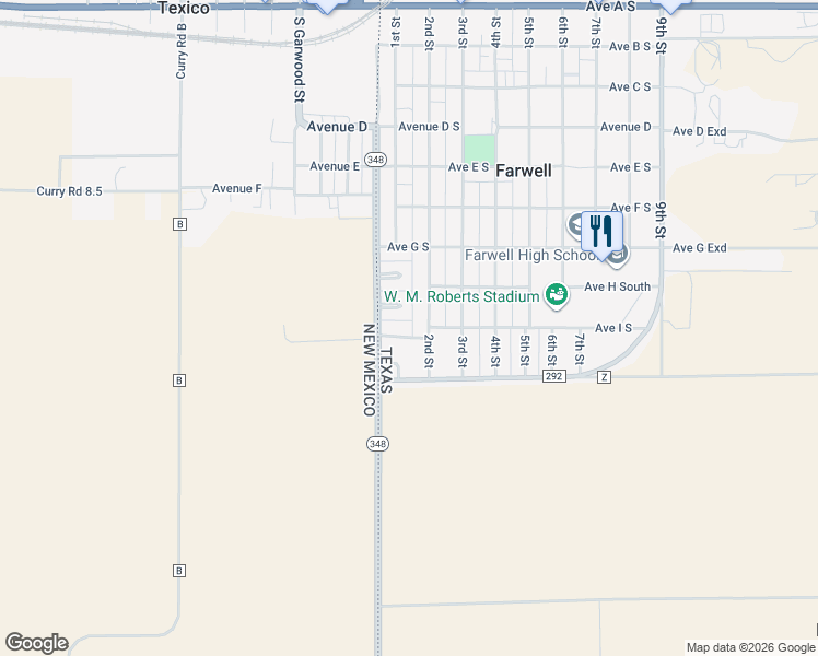 map of restaurants, bars, coffee shops, grocery stores, and more near 108 Avenue I South in Farwell