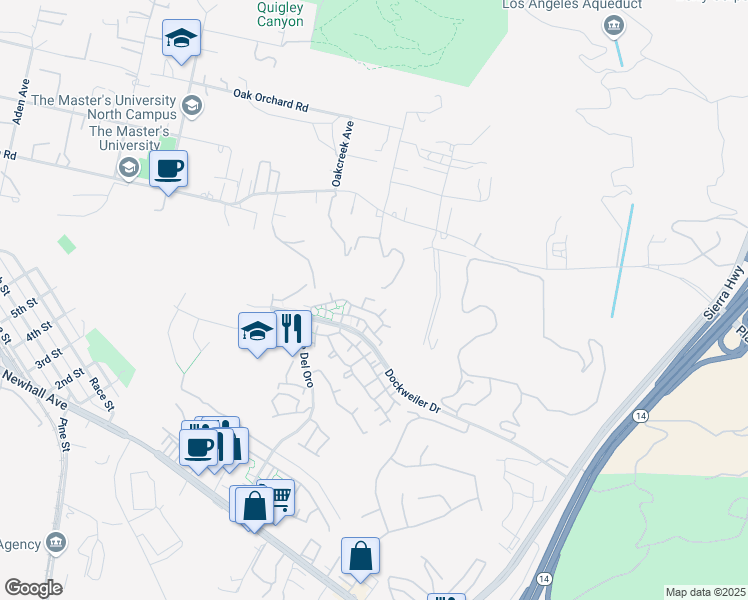 map of restaurants, bars, coffee shops, grocery stores, and more near 21308 Eucalyptus Way in Santa Clarita