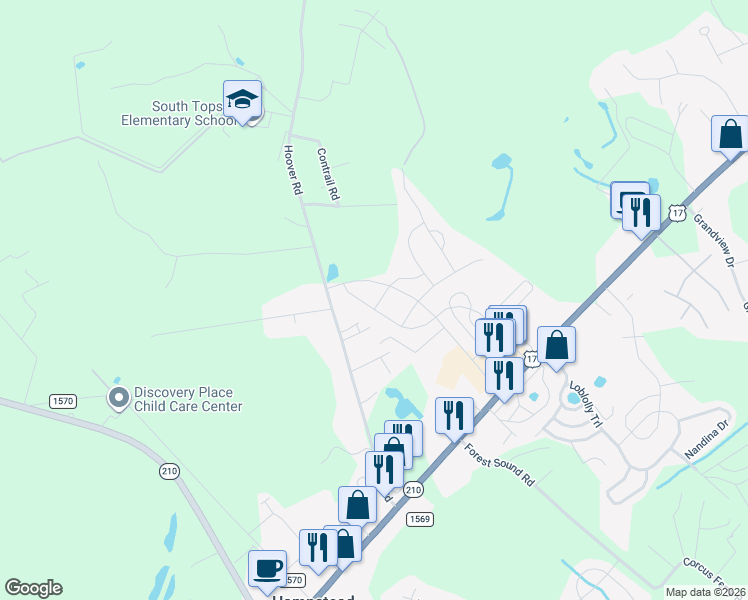 map of restaurants, bars, coffee shops, grocery stores, and more near 52 Chickadee Way in Hampstead