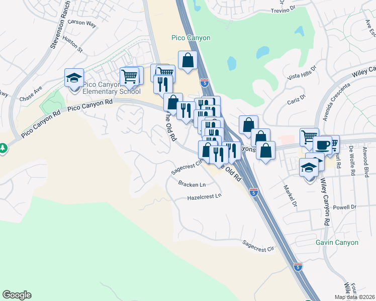 map of restaurants, bars, coffee shops, grocery stores, and more near 25340 The Old Road in Santa Clarita
