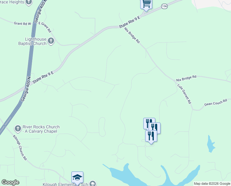 map of restaurants, bars, coffee shops, grocery stores, and more near 49 Seabreeze Way in Dawsonville