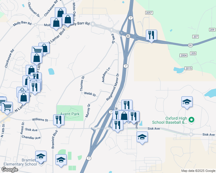 map of restaurants, bars, coffee shops, grocery stores, and more near 510-612 Audubon Lane in Oxford