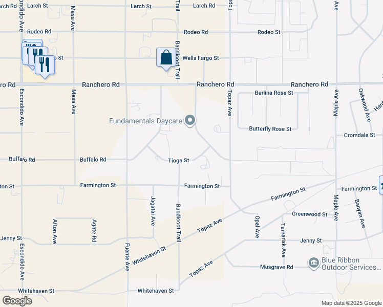 map of restaurants, bars, coffee shops, grocery stores, and more near 14064 Tioga Street in Hesperia