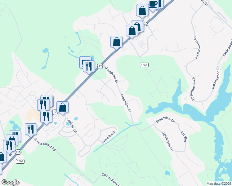 map of restaurants, bars, coffee shops, grocery stores, and more near 213 Heartwood Drive in Hampstead