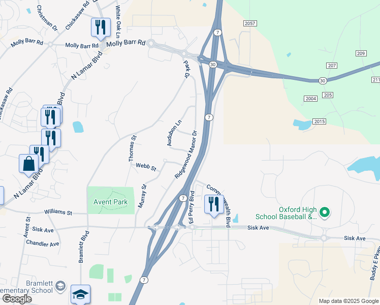 map of restaurants, bars, coffee shops, grocery stores, and more near 612 Audubon Ln in Oxford