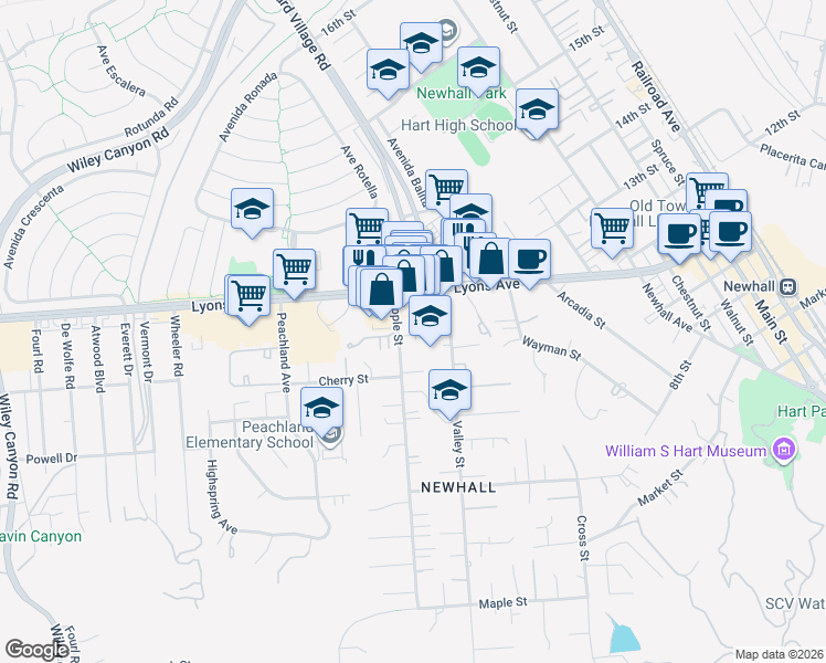 map of restaurants, bars, coffee shops, grocery stores, and more near 24852 Noelle Way in Santa Clarita