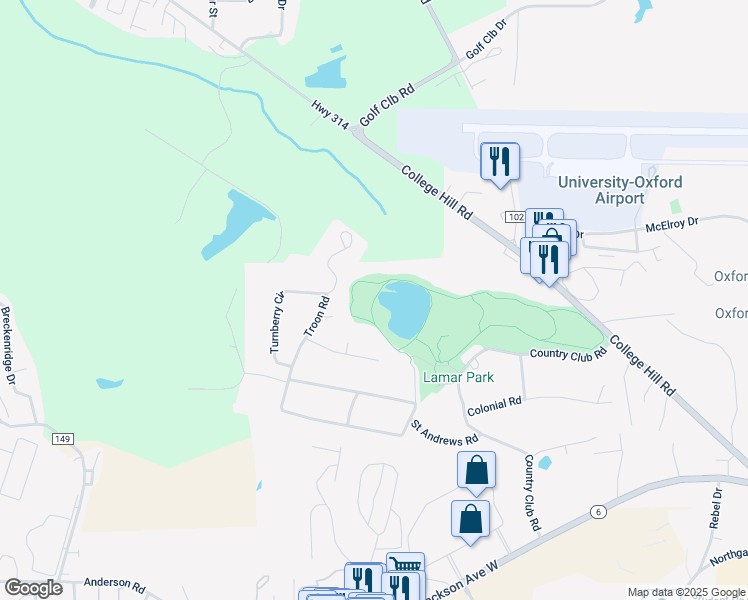map of restaurants, bars, coffee shops, grocery stores, and more near Lamar Park Path, Lake Patsy W. Path in Oxford