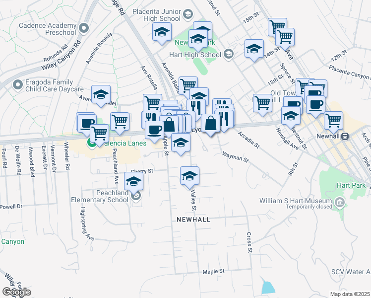 map of restaurants, bars, coffee shops, grocery stores, and more near 24755 Valley Street in Santa Clarita