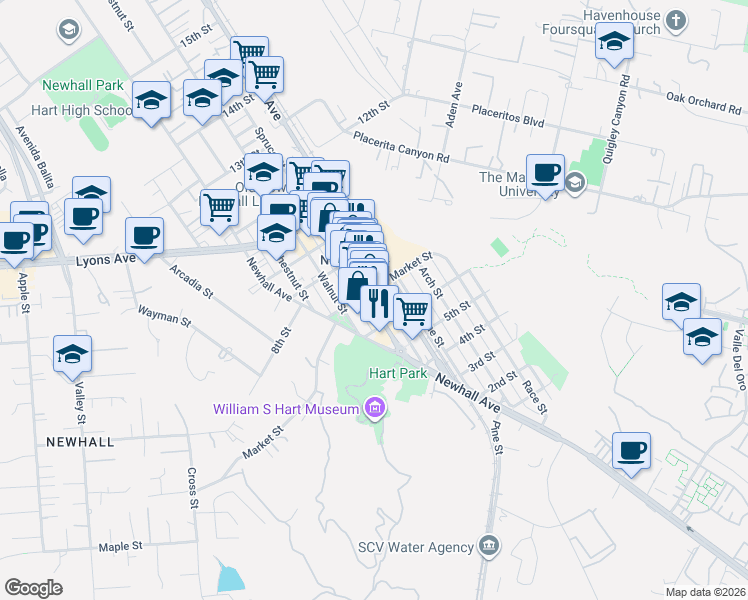 map of restaurants, bars, coffee shops, grocery stores, and more near 24266 Main Street in Santa Clarita