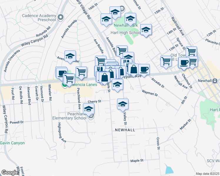 map of restaurants, bars, coffee shops, grocery stores, and more near 24844 Apple Street in Santa Clarita